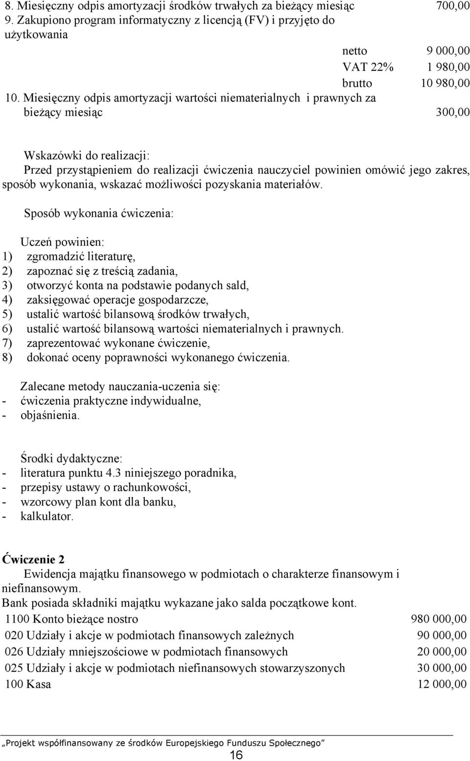 Miesięczny odpis amortyzacji wartości niematerialnych i prawnych za bieżący miesiąc 300,00 Wskazówki do realizacji: Sposób wykonania ćwiczenia: 1) zgromadzić literaturę, 2) zapoznać się z treścią