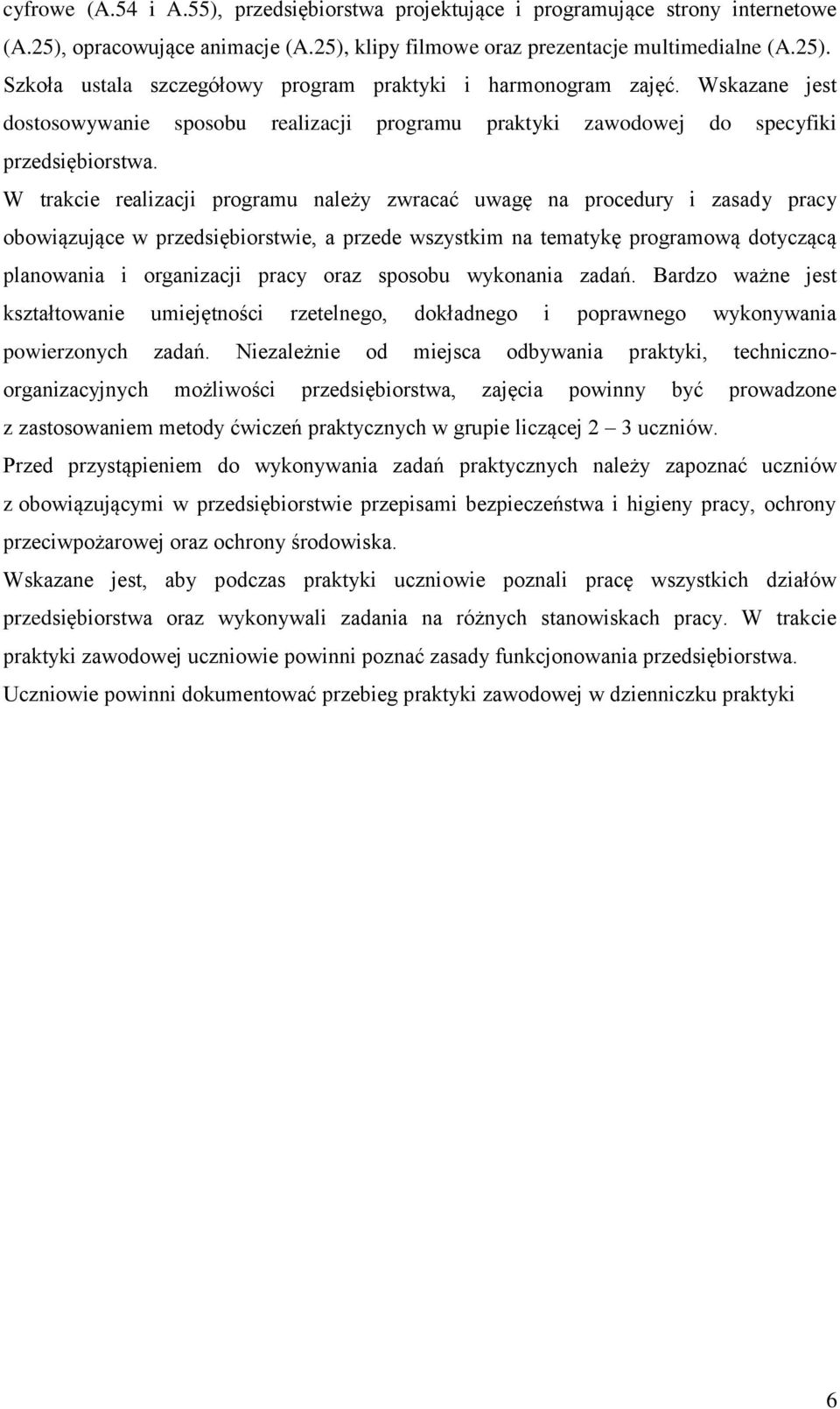 W trakcie realizacji programu należy zwracać uwagę na procedury i zasady pracy obowiązujące w przedsiębiorstwie, a przede wszystkim na tematykę programową dotyczącą planowania i organizacji pracy