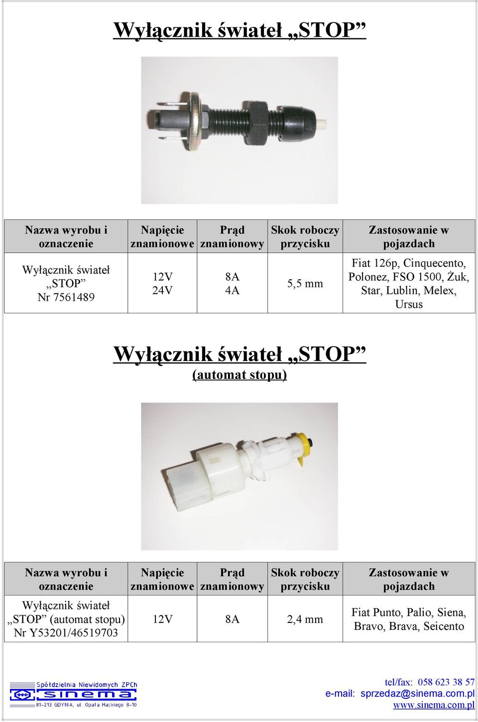 Wyłącznik świateł STOP (automat stopu) Wyłącznik świateł STOP (automat stopu) Nr