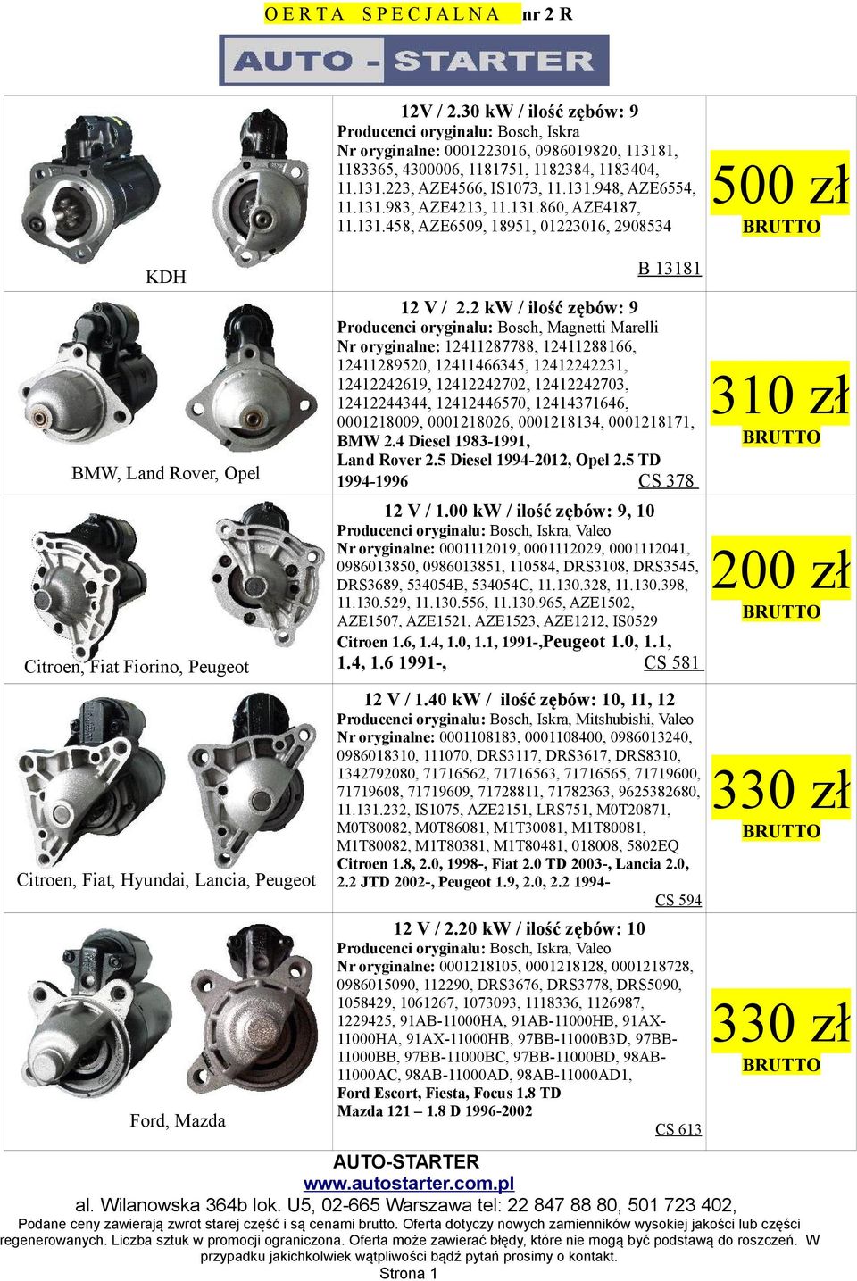 2 kw / ilość zębów: 9 BMW, Land Rover, Opel Producenci oryginału: Bosch, Magnetti Marelli Nr oryginalne: 12411287788, 12411288166, 12411289520, 12411466345, 12412242231, 12412242619, 12412242702,