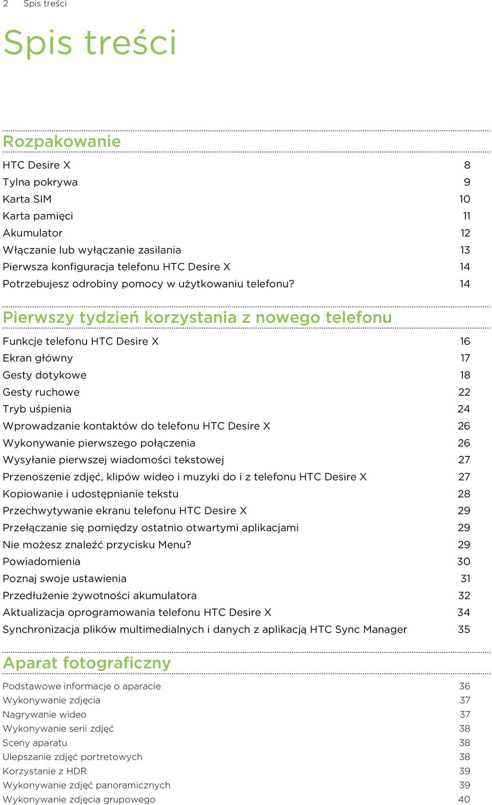 14 Pierwszy tydzień korzystania z nowego telefonu Funkcje telefonu HTC Desire X 16 Ekran główny 17 Gesty dotykowe 18 Gesty ruchowe 22 Tryb uśpienia 24 Wprowadzanie kontaktów do telefonu HTC Desire X