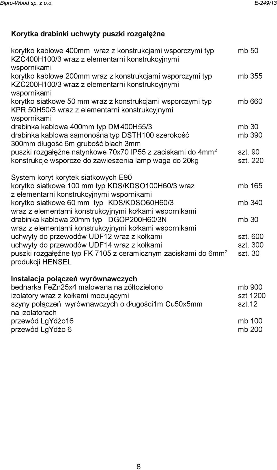 konstrukcyjnymi wspornikami drabinka kablowa 400mm typ DM 400H55/3 mb 30 drabinka kablowa samonośna typ DSTH100 szerokość mb 390 300mm długość 6m grubość blach 3mm puszki rozgałęźne natynkowe 70x70