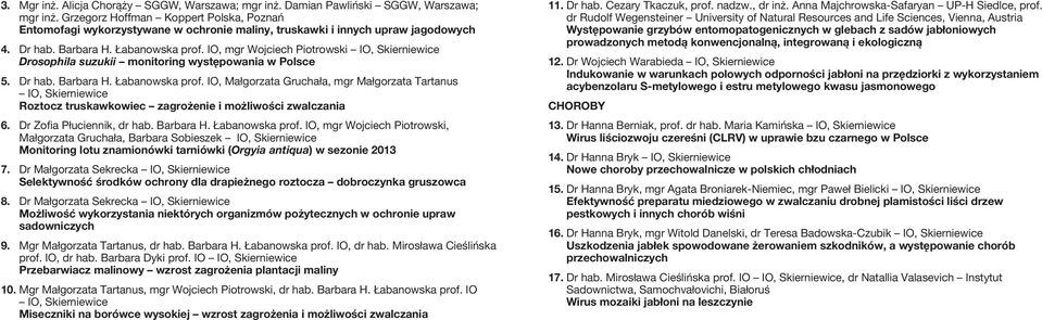 IO, mgr Wojciech Piotrowski IO, Skierniewice Drosophila suzukii monitoring występowania w Polsce 5. Dr hab. Barbara H. Łabanowska prof.