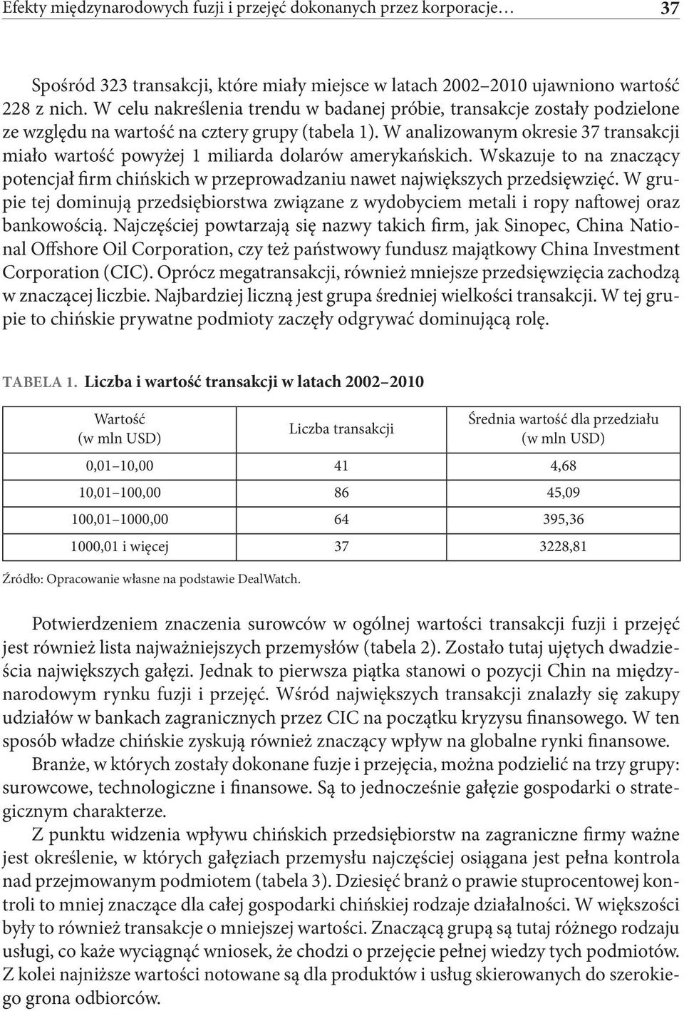 W analizowanym okresie 37 transakcji miało wartość powyżej 1 miliarda dolarów amerykańskich. Wskazuje to na znaczący potencjał firm chińskich w przeprowadzaniu nawet największych przedsięwzięć.