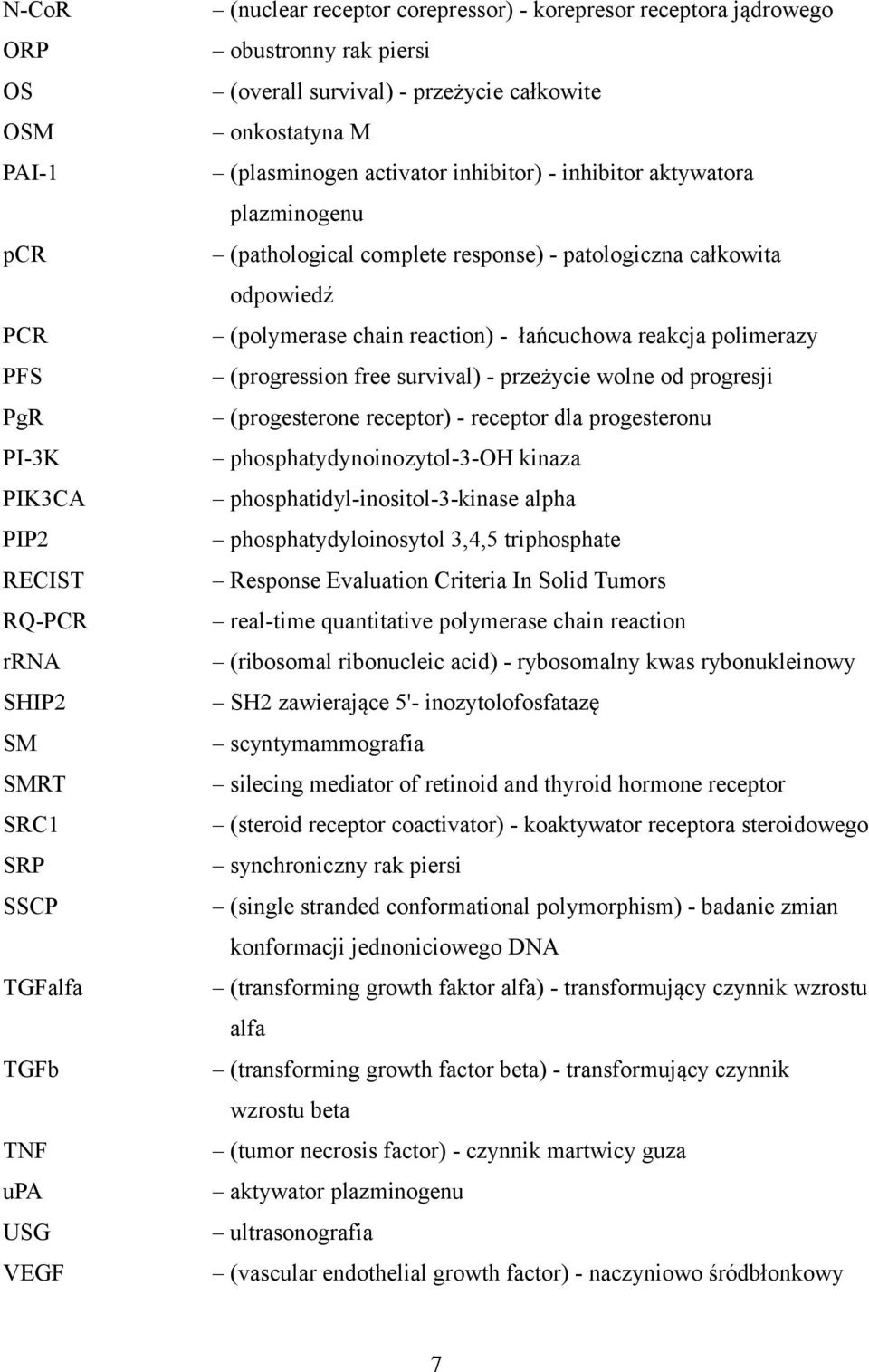 całkowita odpowiedź (polymerase chain reaction) - łańcuchowa reakcja polimerazy (progression free survival) - przeżycie wolne od progresji (progesterone receptor) - receptor dla progesteronu