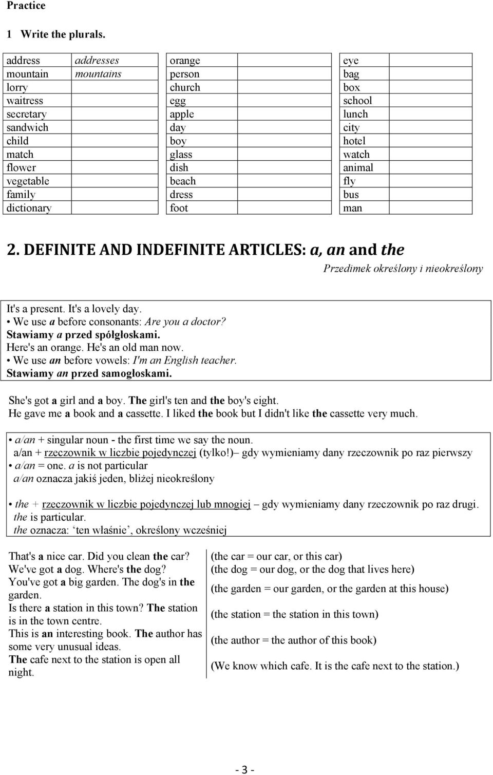 beach fly family dress bus dictionary foot man 2. DEFINITE AND INDEFINITE ARTICLES: a, an and the Przedimek określony i nieokreślony It's a present. It's a lovely day.