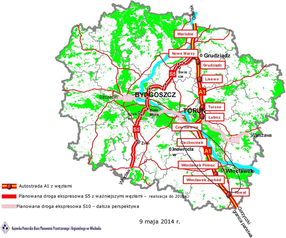 Północ Wr oc ław Autostrada A1 z węzłami Włocławek Włocław ek Zachód Planowana droga ekspresowa S5 z