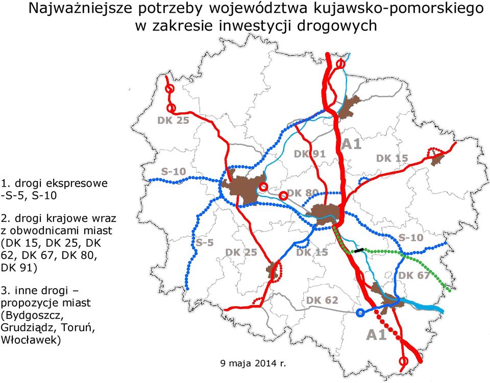 drogi krajowe wraz z obwodnicami miast (DK 15, DK 25, DK 62, DK 67,