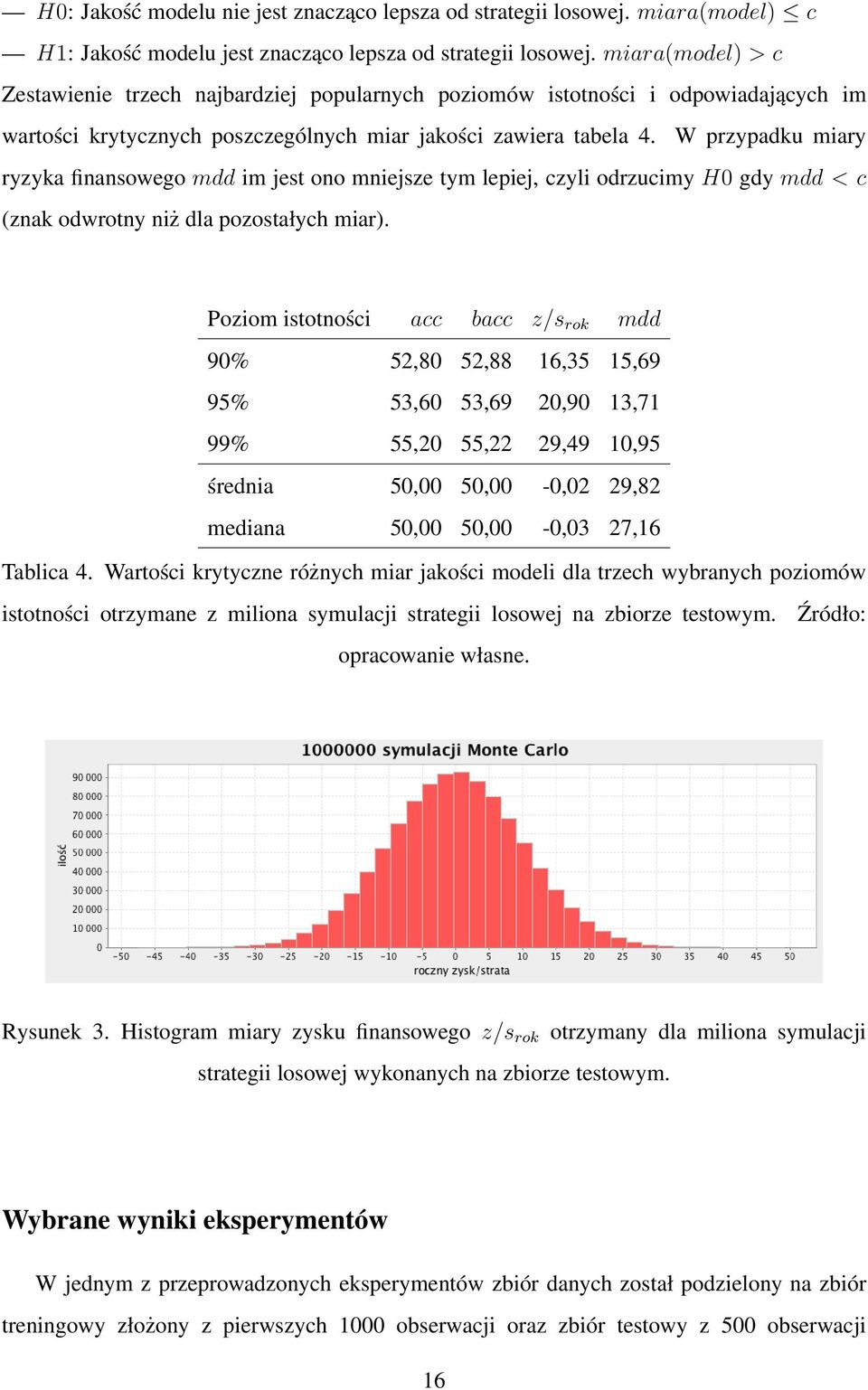 W przypadku miary ryzyka finansowego mdd im jest ono mniejsze tym lepiej, czyli odrzucimy H0 gdy mdd < c (znak odwrotny niż dla pozostałych miar).