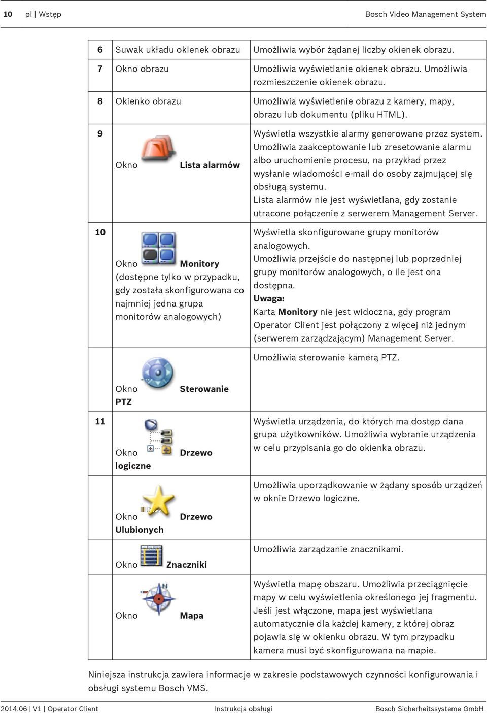 9 Okno Lista alarmów Wyświetla wszystkie alarmy generowane przez system.