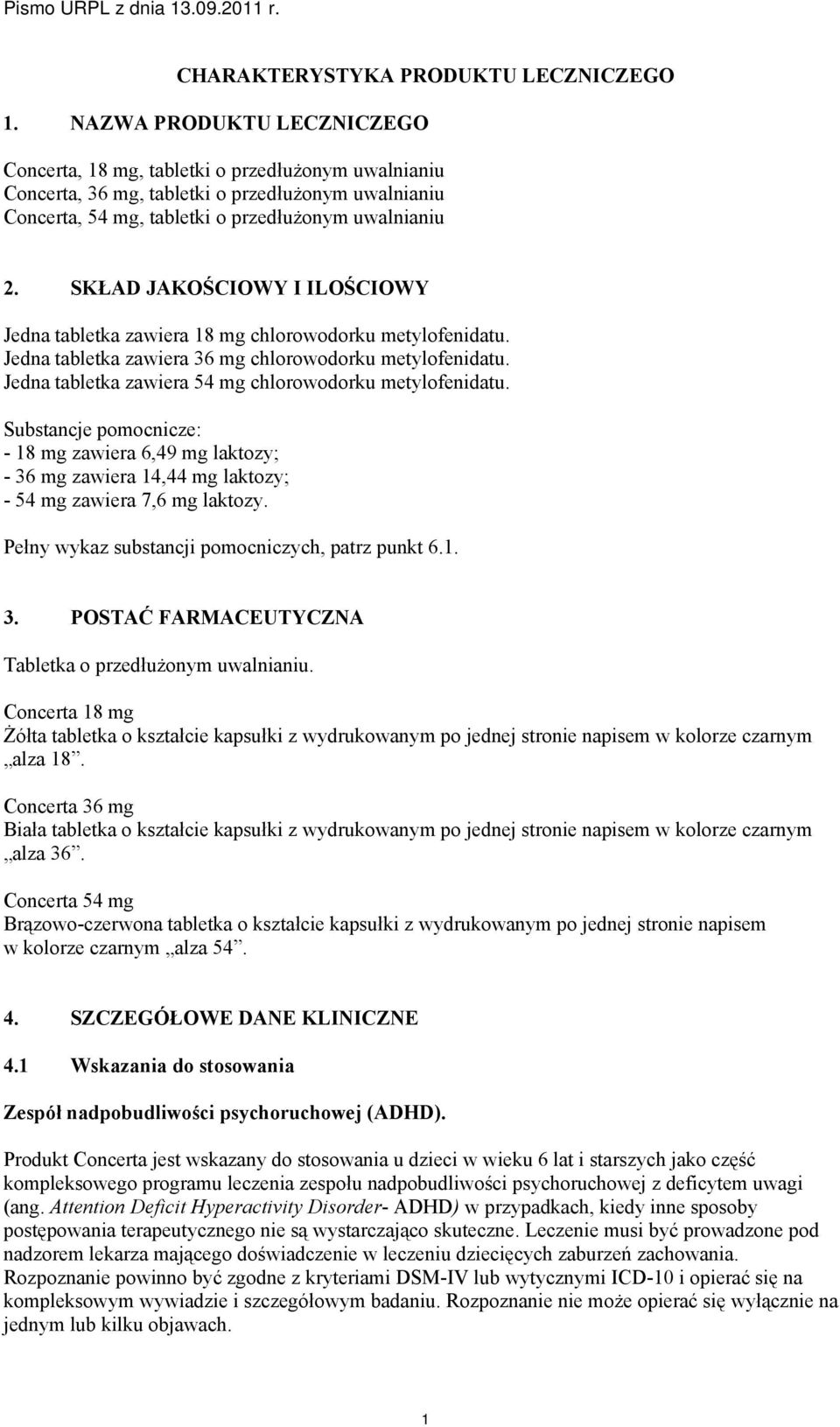 SKŁAD JAKOŚCIOWY I ILOŚCIOWY Jedna tabletka zawiera 18 mg chlorowodorku metylofenidatu. Jedna tabletka zawiera 36 mg chlorowodorku metylofenidatu.