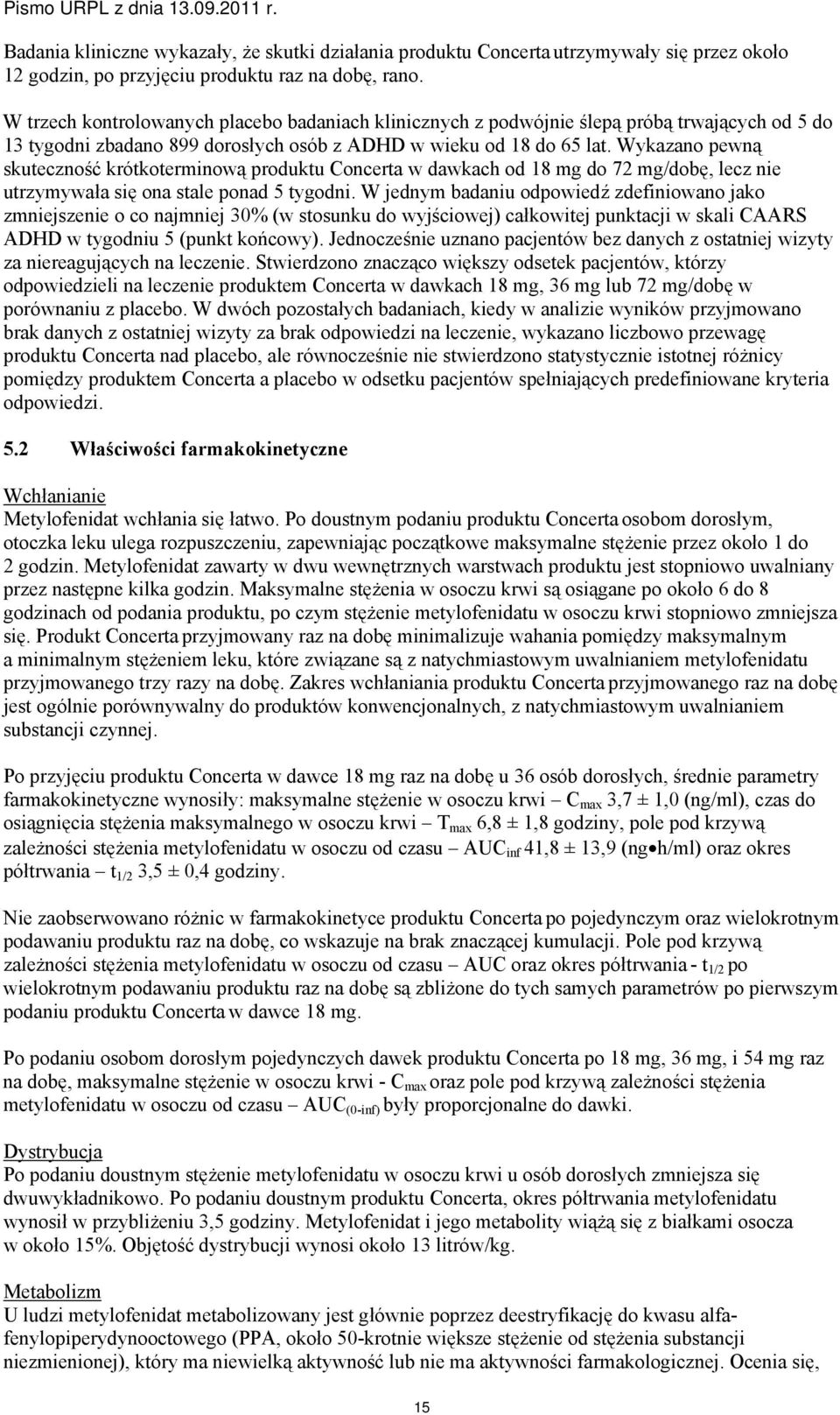 Wykazano pewną skuteczność krótkoterminową produktu Concerta w dawkach od 18 mg do 72 mg/dobę, lecz nie utrzymywała się ona stale ponad 5 tygodni.