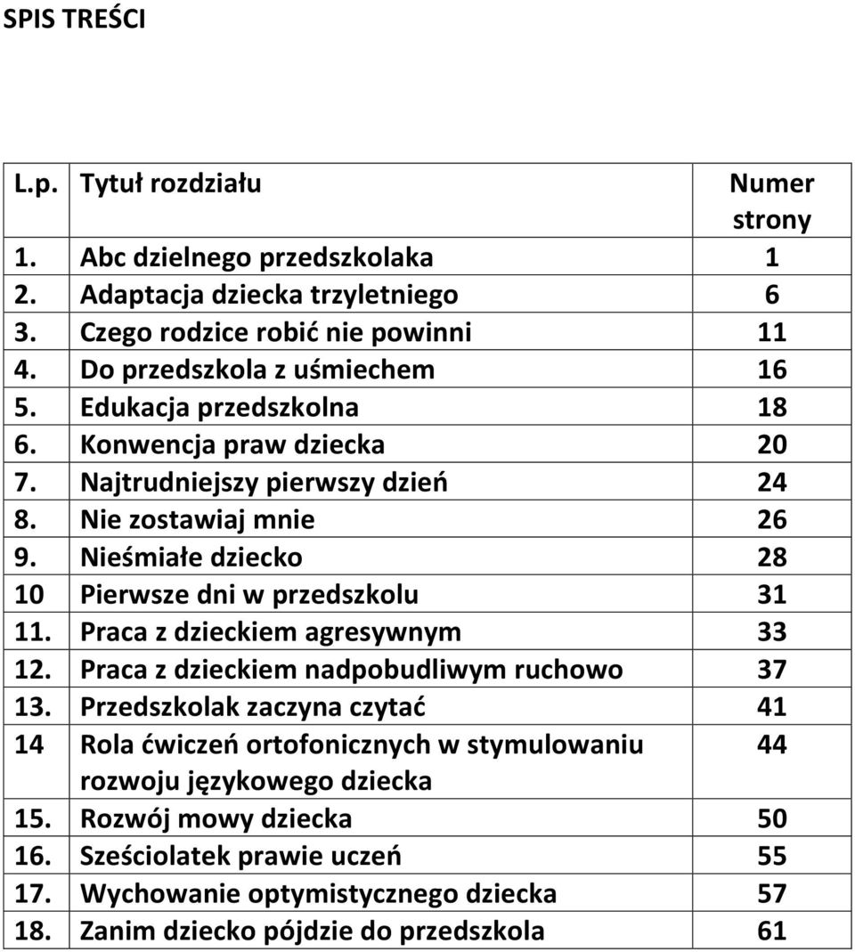 Nieśmiałe dziecko 28 10 Pierwsze dni w przedszkolu 31 11. Praca z dzieckiem agresywnym 33 12. Praca z dzieckiem nadpobudliwym ruchowo 37 13.