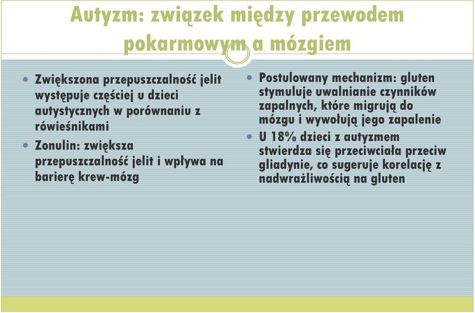 Postulowany mechanizm: gluten stymuluje uwalnianie czynników zapalnych, które migrują do mózgu i wywołują jego