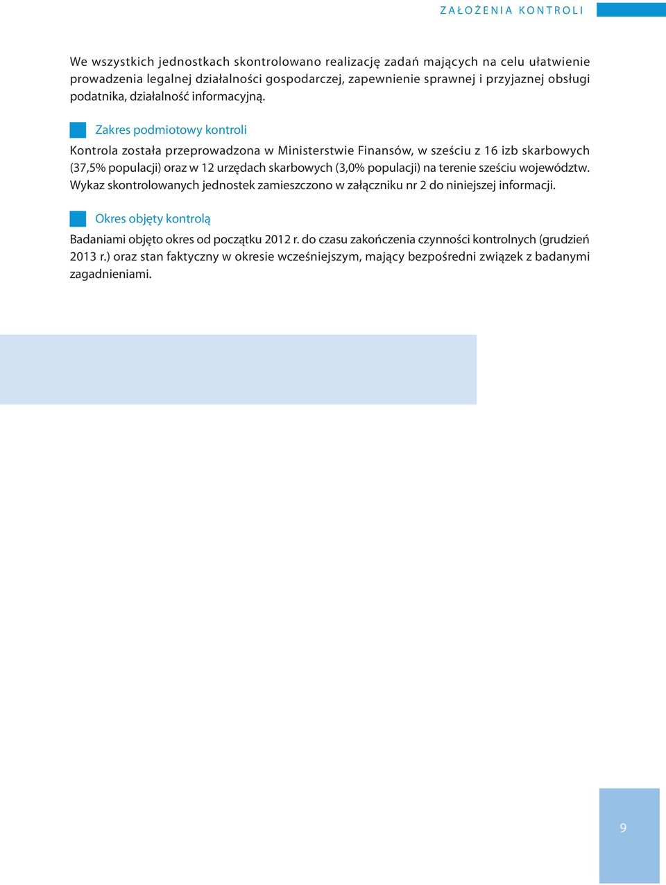 Zakres podmiotowy kontroli Kontrola została przeprowadzona w Ministerstwie Finansów, w sześciu z 16 izb skarbowych (37,5% populacji) oraz w 12 urzędach skarbowych (3,0% populacji) na terenie