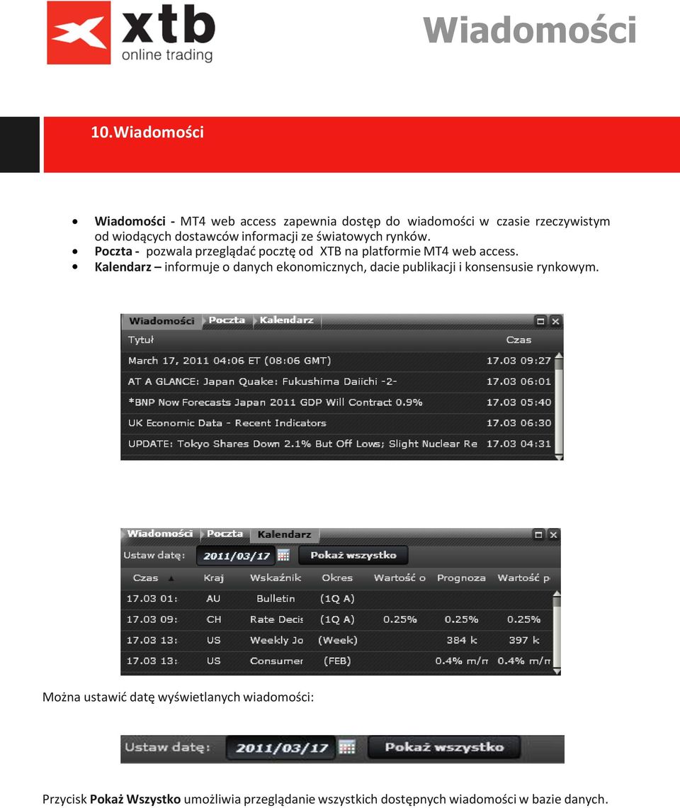 informacji ze światowych rynków. Poczta - pozwala przeglądać pocztę od XTB na platformie MT4 web access.