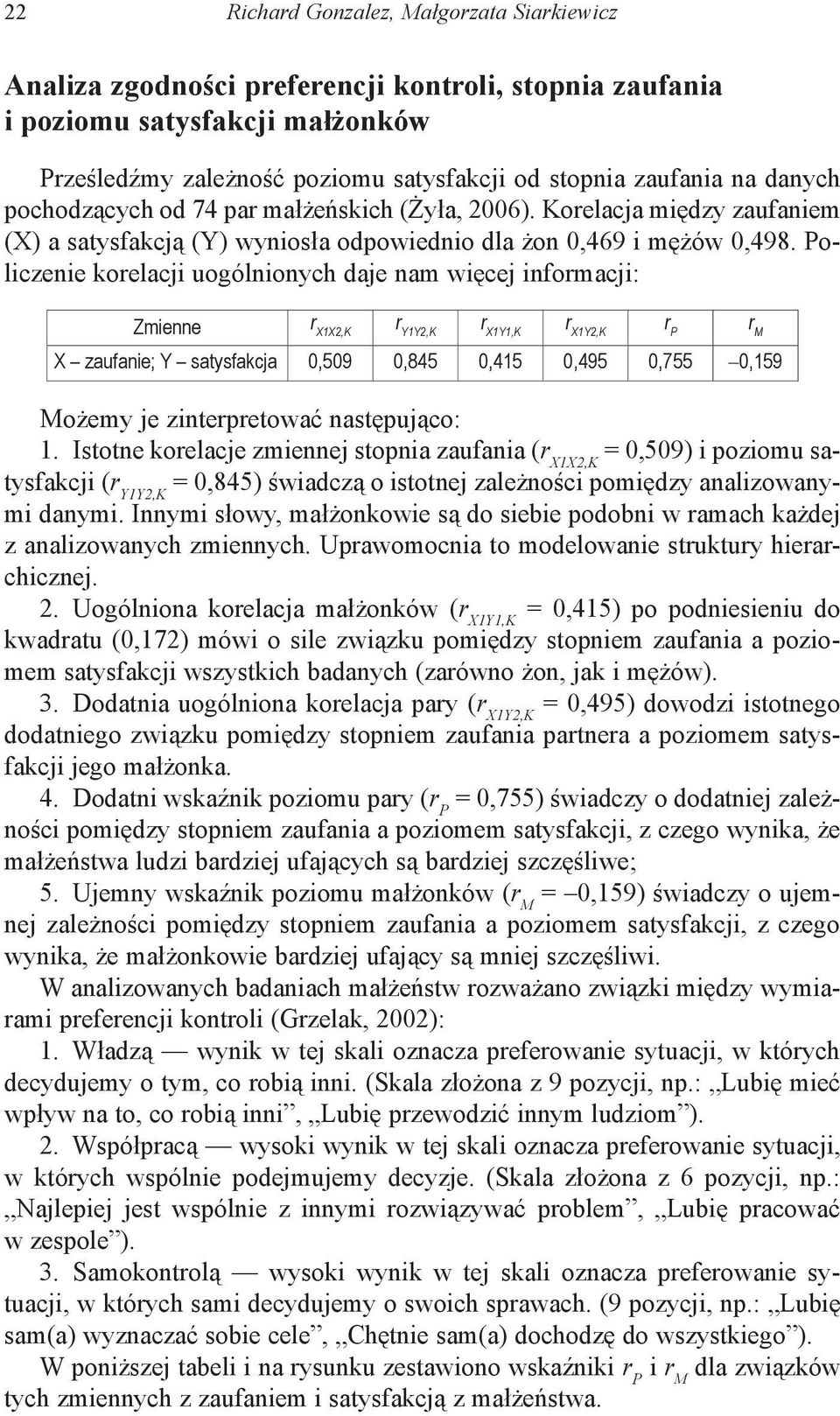 Policzenie korelacji uogólnionych daje nam więcej informacji: Zmienne r X1X2,K r Y1Y2,K r X1Y1,K r X1Y2,K r P r M X zaufanie; Y satysfakcja 0,509 0,845 0,415 0,495 0,755 0,159 Możemy je