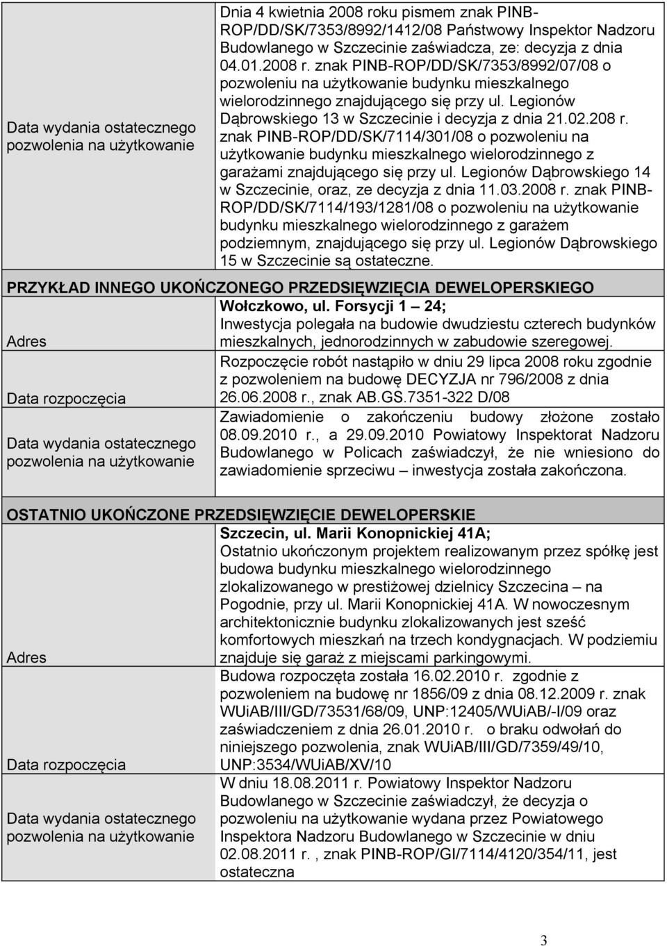 Legionów Dąbrowskiego 13 w Szczecinie i decyzja z dnia 21.02.208 r.