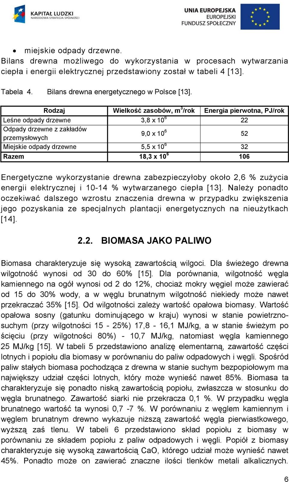 Rodzaj Wielkość zasobów, m 3 /rok Energia pierwotna, PJ/rok Leśne odpady drzewne 3,8 x 10 6 22 Odpady drzewne z zakładów przemysłowych 9,0 x 10 6 52 Miejskie odpady drzewne 5,5 x 10 6 32 Razem 18,3 x