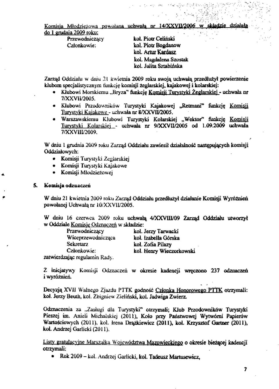 funkcję Komisji Turystyki Żeglarskiej - uchwała nr 7/VIi/00. Klubowi Przodowników Turystyki Kajakowej Retmani" funkcję Komisji Turystyki Kajakowe - uchwała nr 8/VII/00.