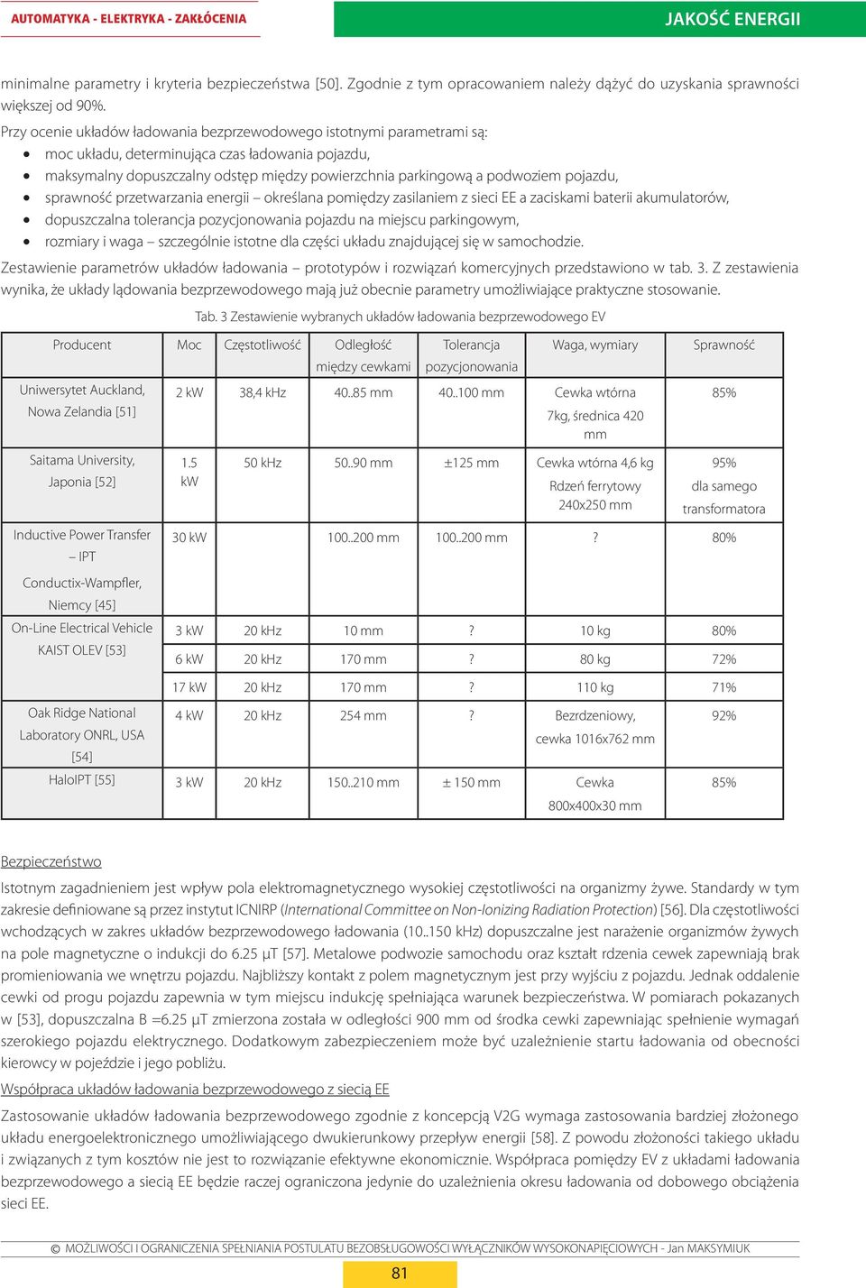 pojazdu, sprawność przetwarzania energii określana pomiędzy zasilaniem z sieci EE a zaciskami baterii akumulatorów, dopuszczalna tolerancja pozycjonowania pojazdu na miejscu parkingowym, rozmiary i