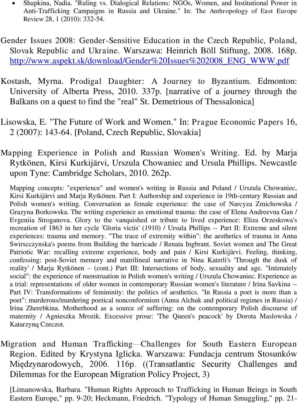 Warszawa: Heinrich Böll Stiftung, 2008. 168p. http://www.aspekt.sk/download/gender%20issues%202008_eng_www.pdf Kostash, Myrna. Prodigal Daughter: A Journey to Byzantium.