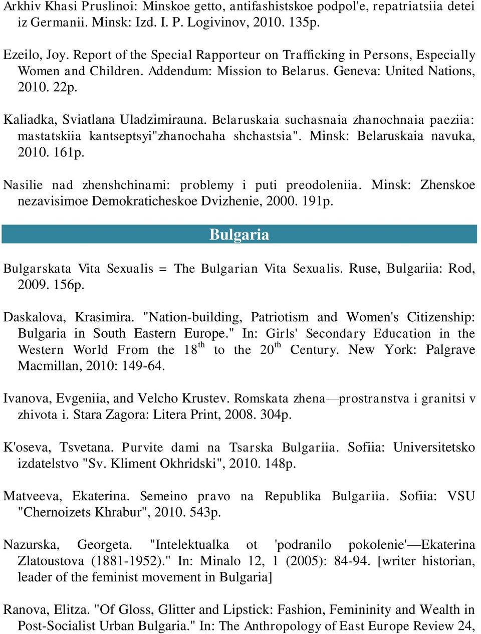 Belaruskaia suchasnaia zhanochnaia paeziia: mastatskiia kantseptsyi"zhanochaha shchastsia". Minsk: Belaruskaia navuka, 2010. 161p. Nasilie nad zhenshchinami: problemy i puti preodoleniia.