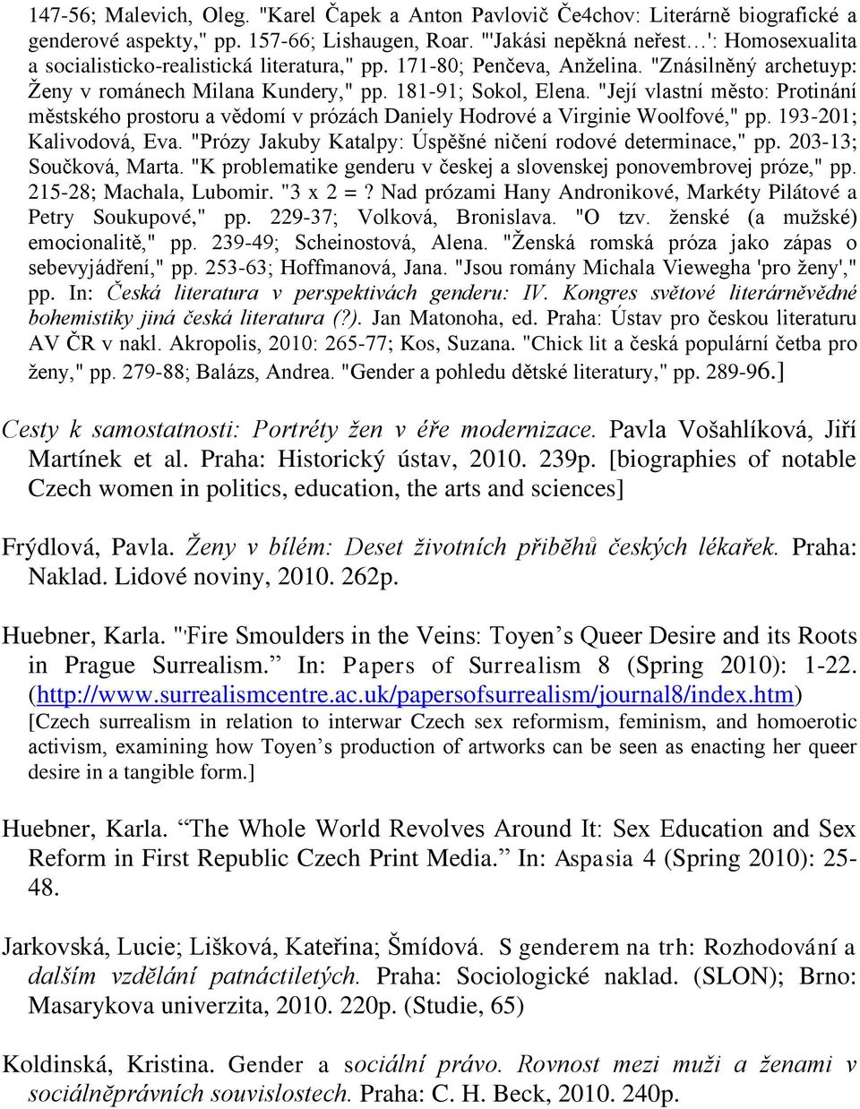 "Její vlastní město: Protinání městského prostoru a vědomí v prózách Daniely Hodrové a Virginie Woolfové," pp. 193-201; Kalivodová, Eva. "Prózy Jakuby Katalpy: Úspěńné ničení rodové determinace," pp.