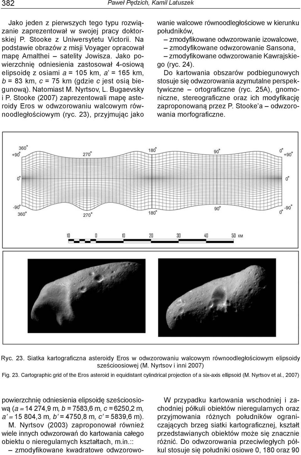 Jako powierzchnię odniesienia zastosował 4-osiową elipsoidę z osiami a = 105 km, a = 165 km, b = 83 km, c = 75 km (gdzie c jest osią biegunową). Natomiast M. Nyrtsov, L. Bugaevsky i P.