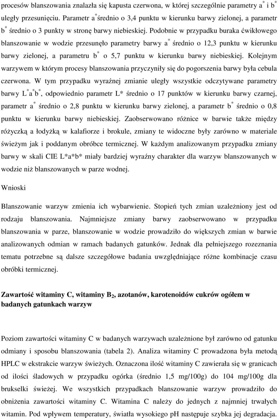 Podobnie w przypadku buraka ćwikłowego blanszowanie w wodzie przesunęło parametry barwy a * średnio o 12,3 punktu w kierunku barwy zielonej, a parametru b * o 5,7 punktu w kierunku barwy niebieskiej.