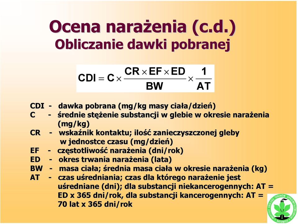 okresie narażenia (mg/kg) CR - wskaźnik kontaktu; ilość zanieczyszczonej gleby w jednostce czasu (mg/dzień) EF - często stotliwość tliwość narażenia