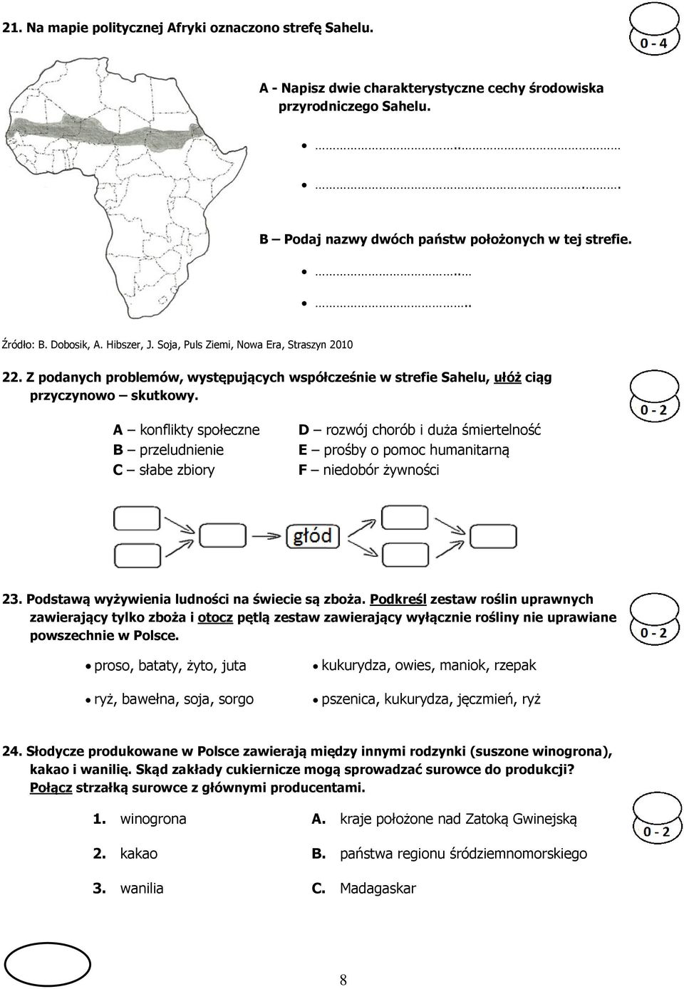 A konflikty społeczne B przeludnienie C słabe zbiory D rozwój chorób i duża śmiertelność E prośby o pomoc humanitarną F niedobór żywności 23. Podstawą wyżywienia ludności na świecie są zboża.