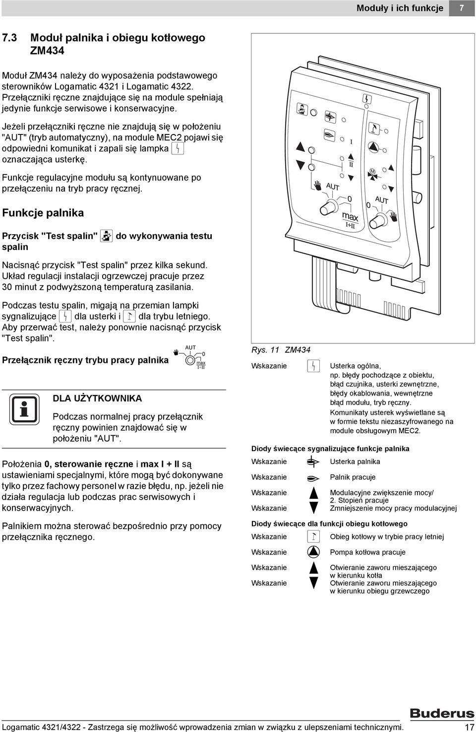 Jeżeli przełączniki ręczne nie znajdują się w położeniu "AUT" (tryb automatyczny), na module MEC2 pojawi się odpowiedni komunikat i zapali się lampka 0 oznaczająca usterkę.