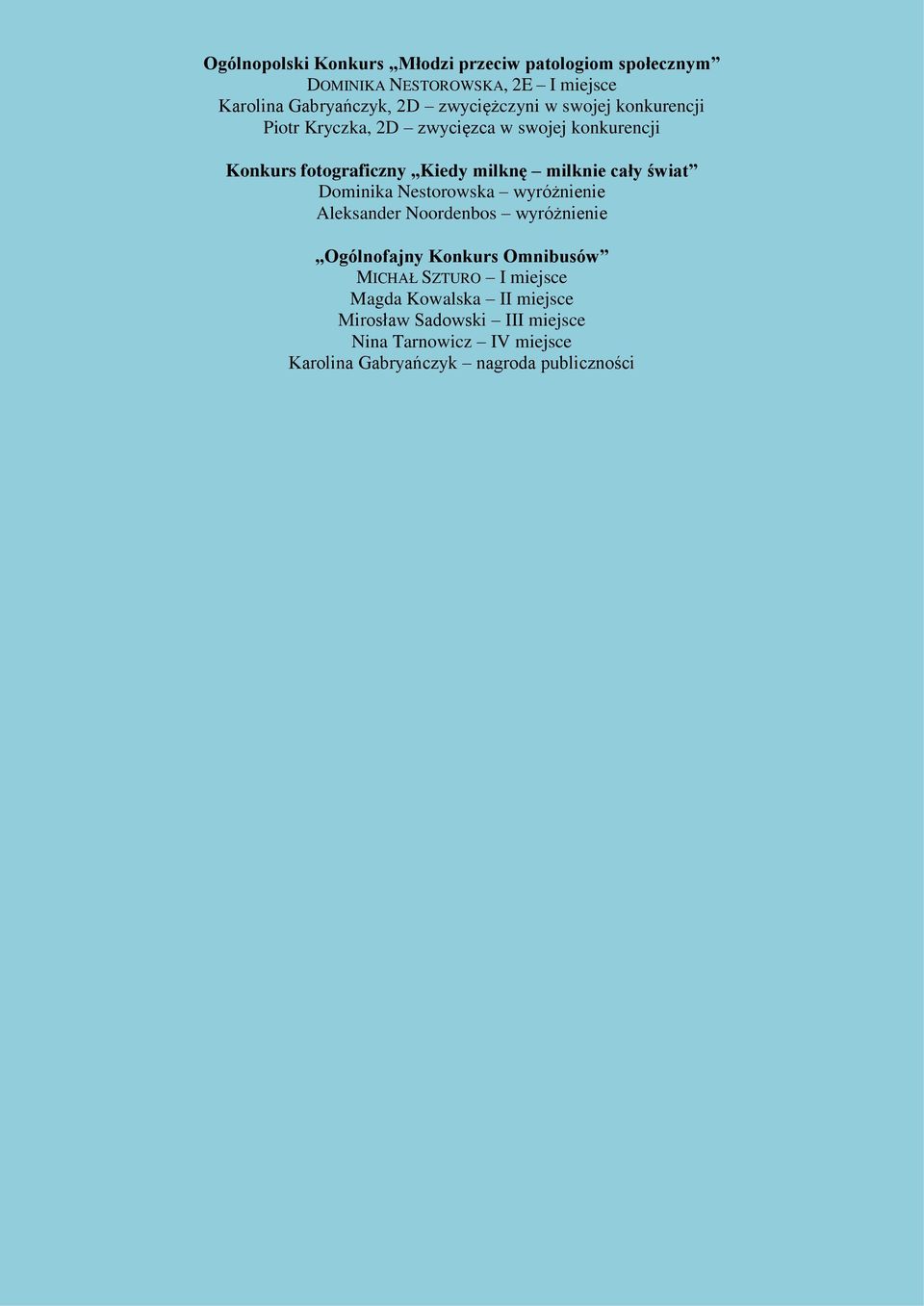 milknie cały świat Dominika Nestorowska wyróżnienie Aleksander Noordenbos wyróżnienie Ogólnofajny Konkurs Omnibusów MICHAŁ