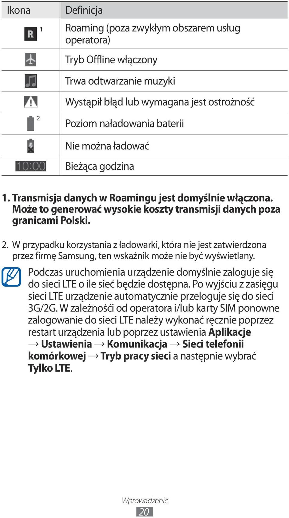 W przypadku korzystania z ładowarki, która nie jest zatwierdzona przez firmę Samsung, ten wskaźnik może nie być wyświetlany.