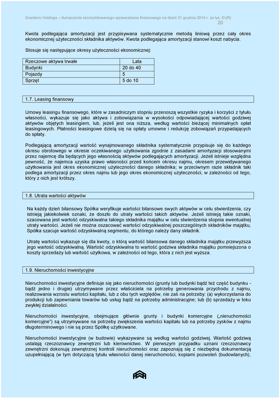 Stosuje się następujące okresy użyteczności ekonomicznej: Rzeczowe aktywa trwałe Lata Budynki 20 do 40 Pojazdy 5 Sprzęt 5 do 10 1.7.