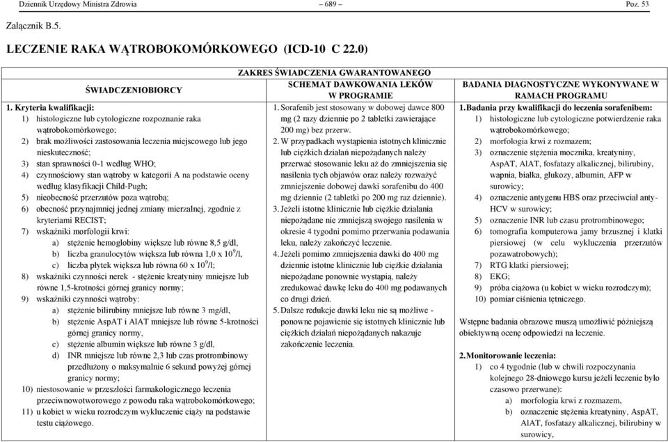 Sorafenib jest stosowany w dobowej dawce 800 1) histologiczne lub cytologiczne rozpoznanie raka mg (2 razy dziennie po 2 tabletki zawierające wątrobokomórkowego; 200 mg) bez przerw.