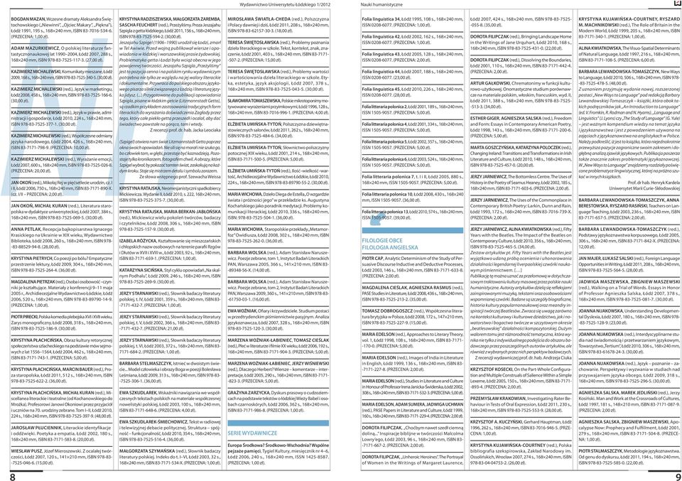 KAZIMIERZ MICHALEWSKI, Komunikaty mieszane, Łódź 2009, 168 s., 168 240 mm, ISBN 978-83-7525-340-5. (30,00 zł). KAZIMIERZ MICHALEWSKI (red.), Język w marketingu, Łódź 2008, 458 s.