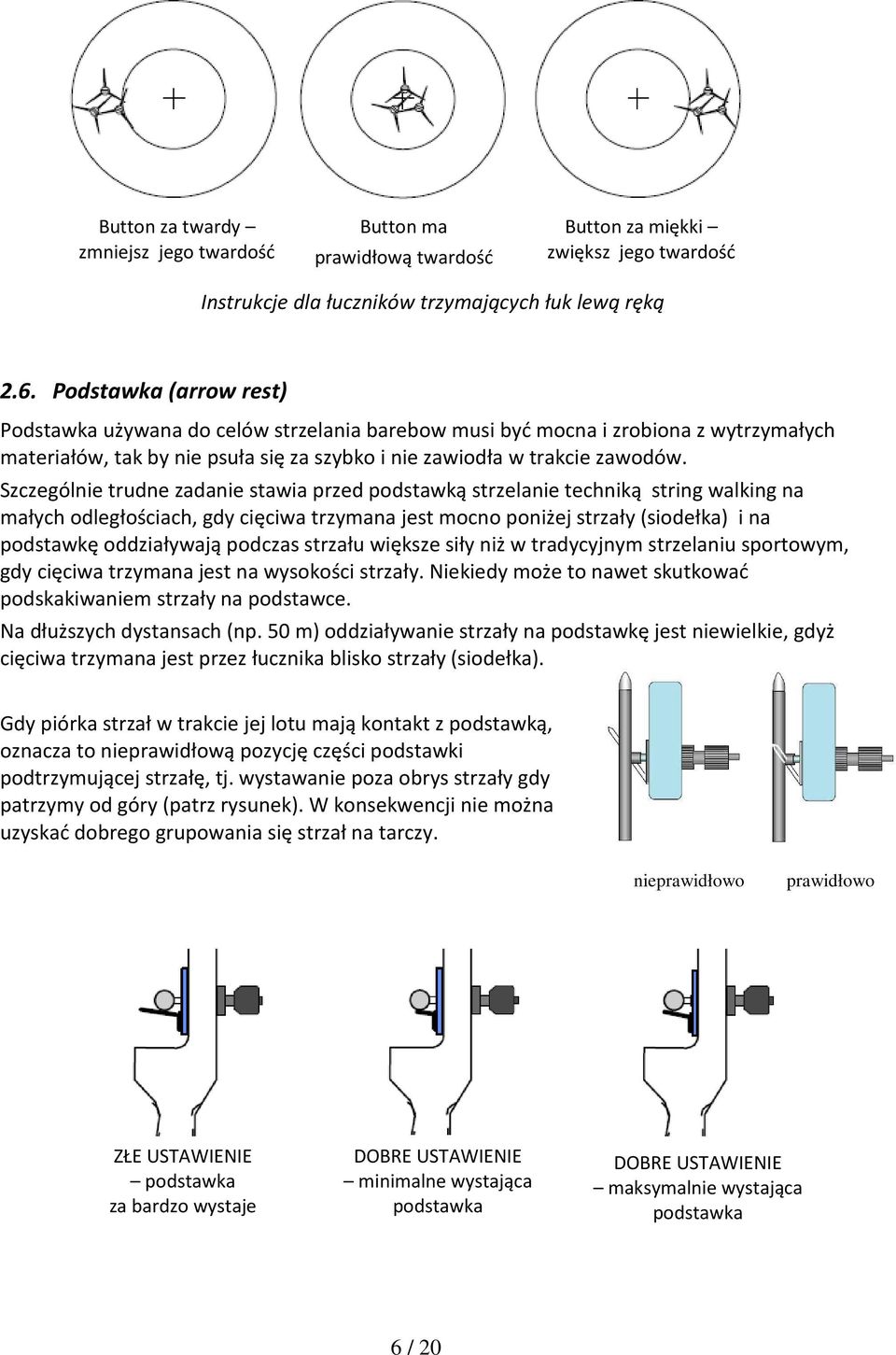 Szczególnie trudne zadanie stawia przed podstawką strzelanie techniką string walking na małych odległościach, gdy cięciwa trzymana jest mocno poniżej strzały (siodełka) i na podstawkę oddziaływają