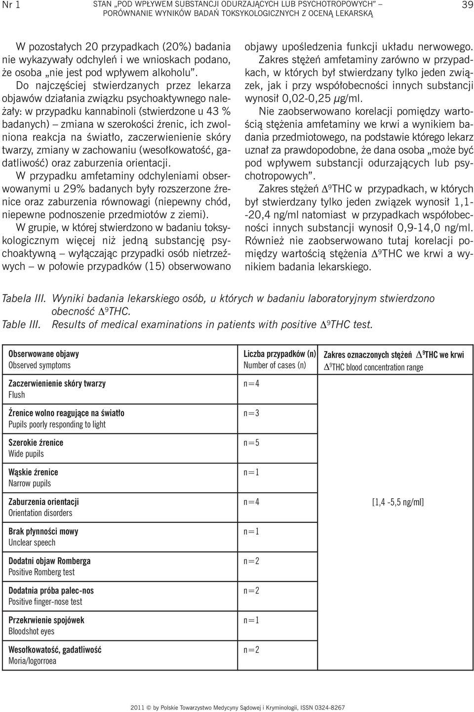 Do najczęściej stwierdzanych przez lekarza objawów działania związku psychoaktywnego należały: w przypadku kannabinoli (stwierdzone u 43 % badanych) zmiana w szerokości źrenic, ich zwolniona reakcja