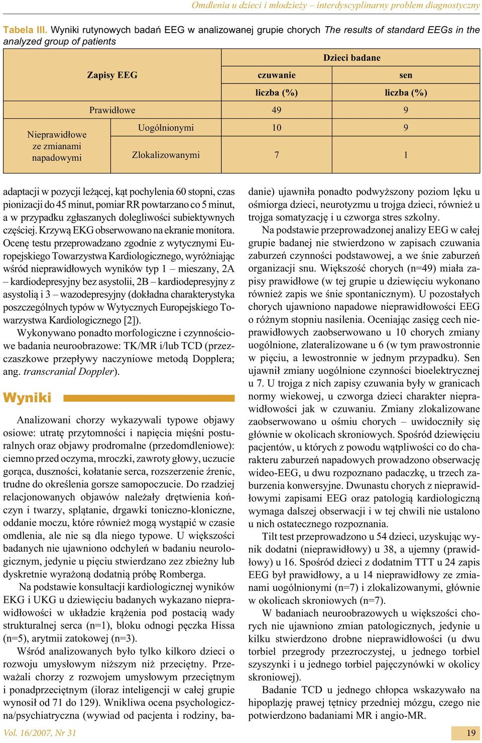 zmianami napadowymi Omdlenia u dzieci i młodzieży interdyscyplinarny problem diagnostyczny Prawidłowe 49 9 Uogólnionymi 10 9 Zlokalizowanymi 7 1 adaptacji w pozycji leżącej, kąt pochylenia 60 stopni,