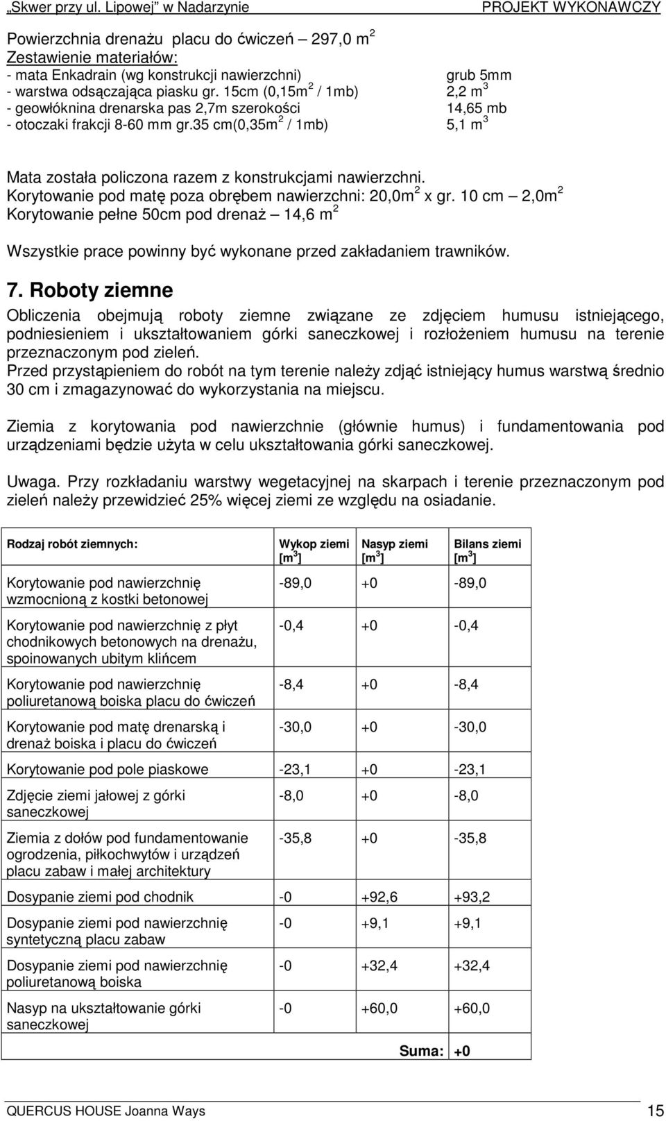 Korytowanie pod matę poza obrębem nawierzchni: 20,0m 2 x gr. 10 cm 2,0m 2 Korytowanie pełne 50cm pod drenaŝ 14,6 m 2 Wszystkie prace powinny być wykonane przed zakładaniem trawników. 7.