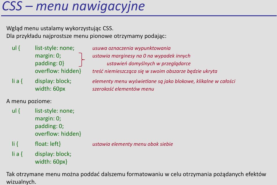 ustawieo domyślnych w przeglądarce overflow: hidden} treśd niemieszcząca się w swoim obszarze będzie ukryta li a { display: block; elementy menu wyświetlane są jako blokowe, klikalne