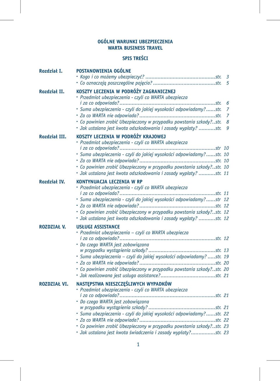 ...str. 7 Za co WARTA nie odpowiada?...str. 7 Co powinien zrobić Ubezpieczony w przypadku powstania szkody?..str. 8 Jak ustalana jest kwota odszkodowania i zasady wypłaty?...str. 9 KOSZTY LECZENIA W PODRÓŻY KRAJOWEJ Przedmiot ubezpieczenia - czyli co WARTA ubezpiecza i za co odpowiada?