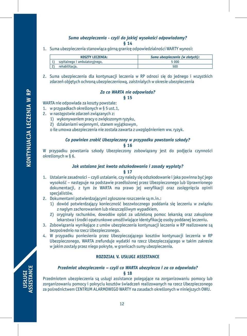 WARTA nie odpowiada? 15 WARTA nie odpowiada za koszty powstałe: 1. w przypadkach określonych w 5 ust.1, 2.