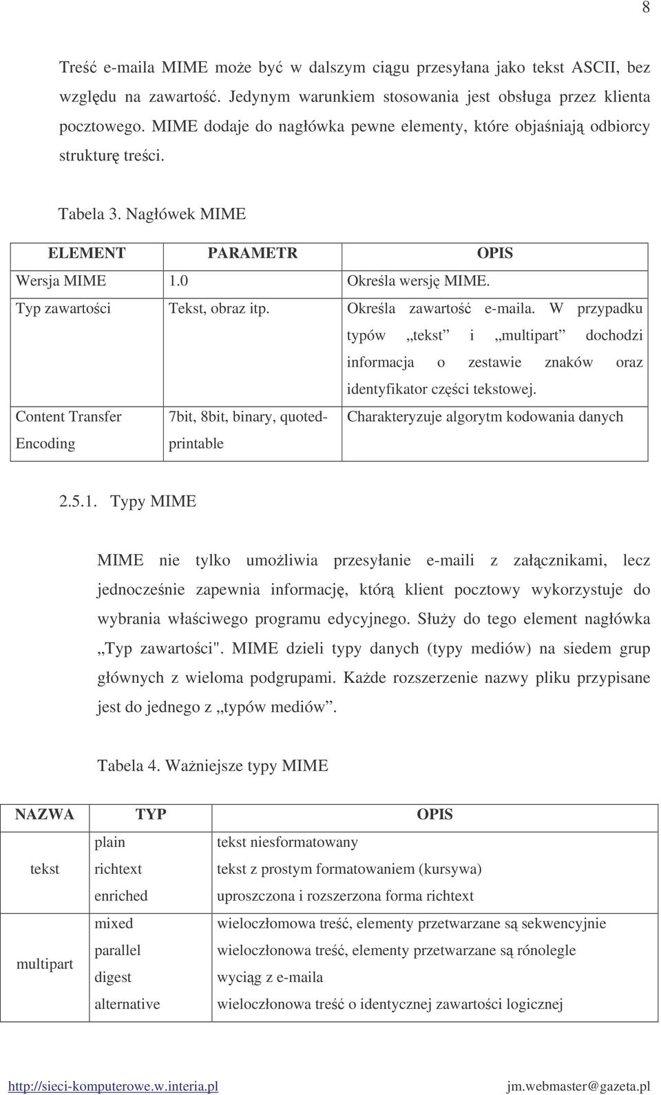 Okrela zawarto e-maila. W przypadku typów tekst i multipart dochodzi informacja o zestawie znaków oraz identyfikator czci tekstowej.