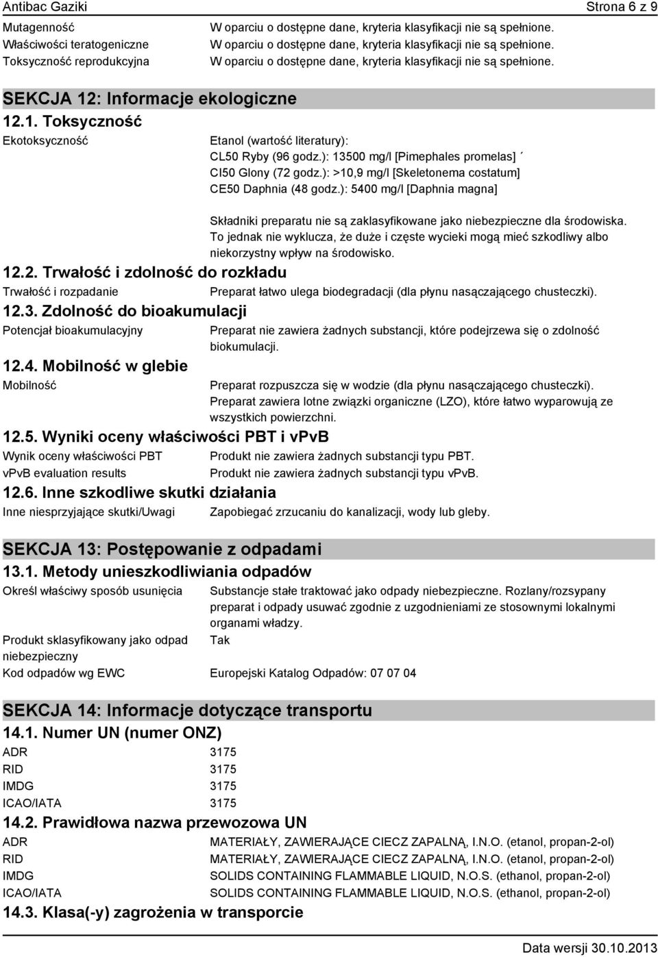 ): 5400 mg/l [Daphnia magna] Składniki preparatu nie są zaklasyfikowane jako niebezpieczne dla środowiska.