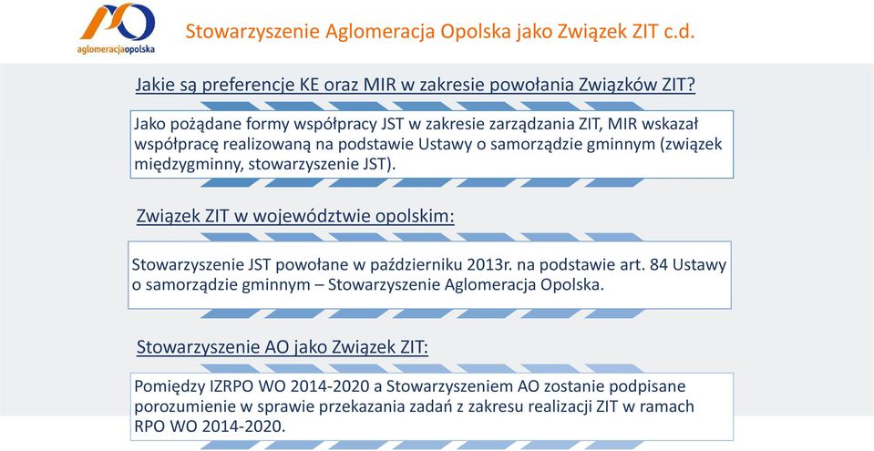 stowarzyszenie JST). Związek ZIT w województwie opolskim: Stowarzyszenie JST powołane w październiku 2013r. na podstawie art.