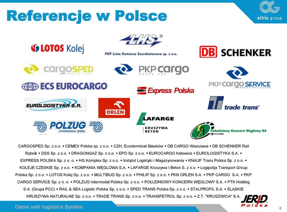 z o.o. LOTOS Kolej Sp. z o.o. MULTIBUD Sp. z o.o. PHILIP Sp. z o.o. PKN ORLEN S.A. PKP CARGO S.A. PKP CARGO SERVICE Sp. z o. o. POLZUG Intermodal Polska Sp. z o.o. POŁUDNIOWY KONCERN WĘGLOWY S.A. PTK Holding S.