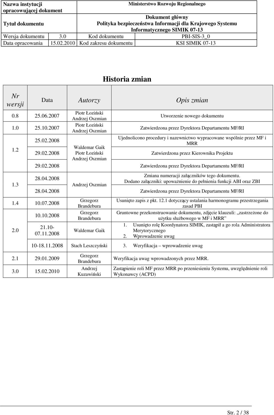 2008 MRR Waldemar Gaik 1.2 29.02.2008 Piotr Łoziński Zatwierdzona przez Kierownika Projektu Andrzej Oszmian 29.02.2008 Zatwierdzona przez Dyrektora Departamentu MF/RI 1.3 28.04.2008 28.04.2008 1.4 10.